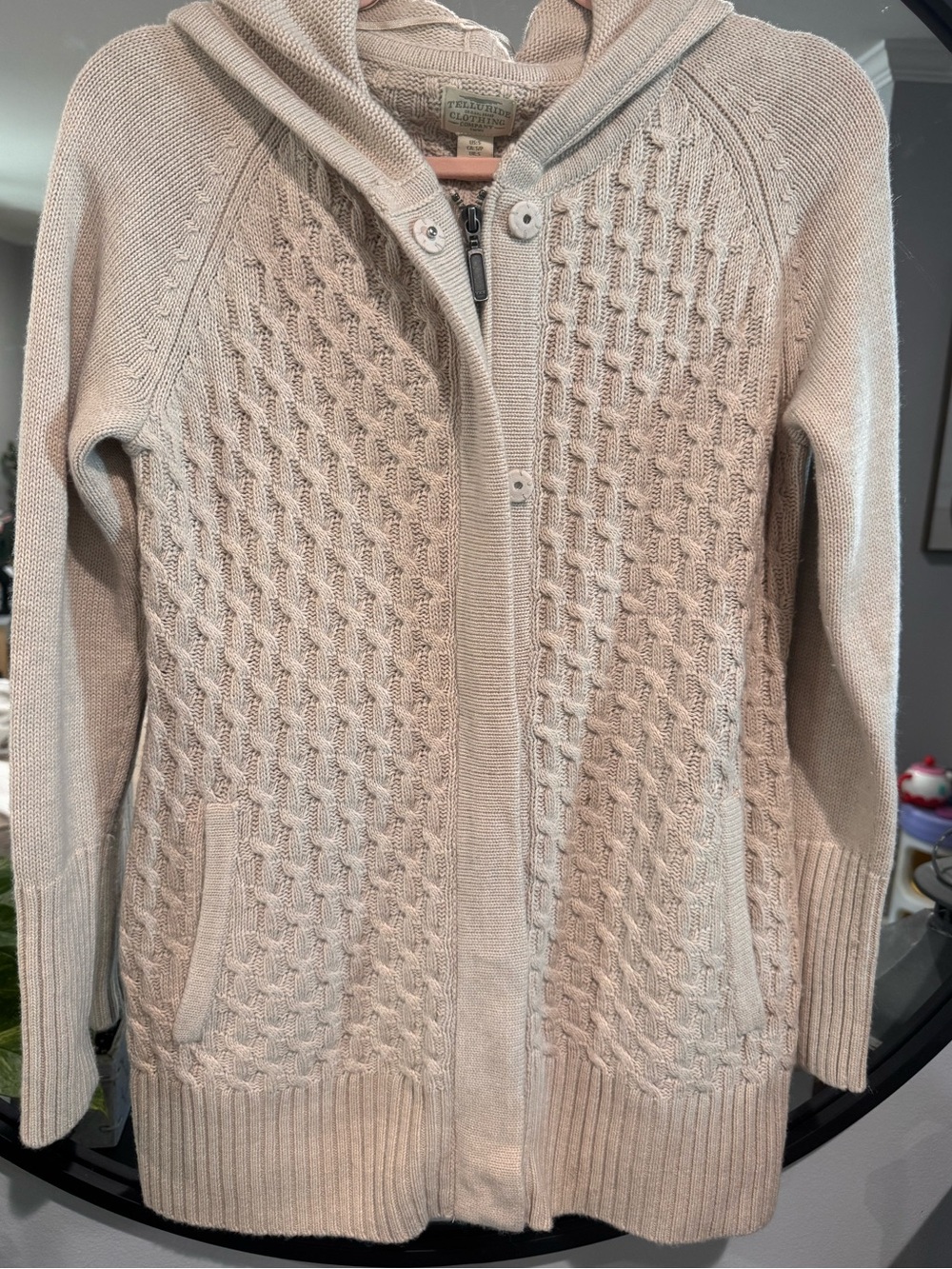 Telluride Clothing Hooded Tan Cable-Knit Zip Cardigan Sweater